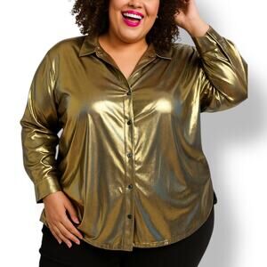 Vintage Venezia Jeans Top Gold Metallic Button-Up Long Sleeve Blouse 22/24